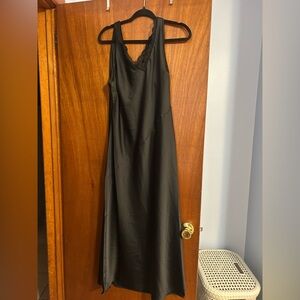 Nicole Miller Black Satin Maxi Slip Dress with Lace V-Neck